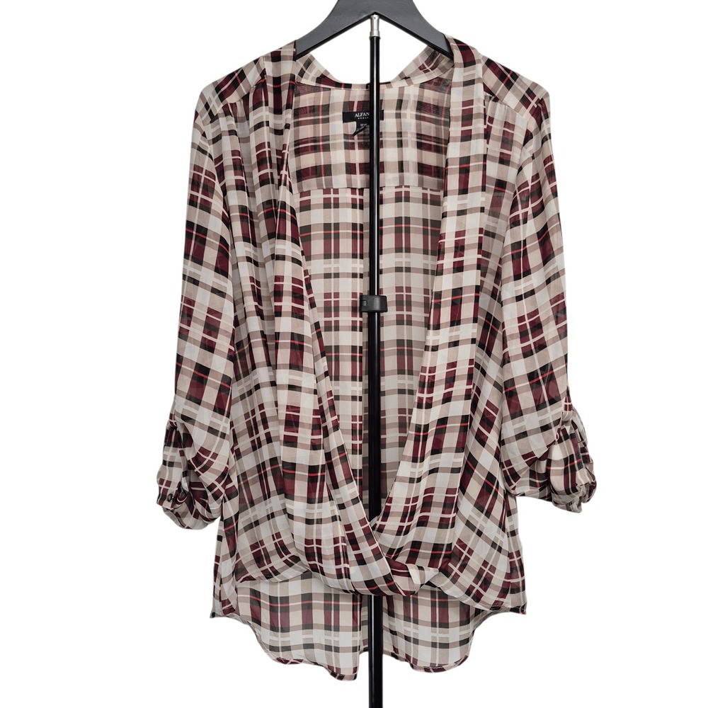 Alfani Womens 18W Faux Wrap Top Shirt Open Front Red White Plaid Roll Tab Sleeve